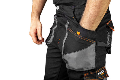 NEO TOOLS Karcsúsított(slim fit), Munkásnadrág, HD, 60% pamut, 37% polyester, 3% elastane, 285 g/m2, övvel, XL 81-238-XL