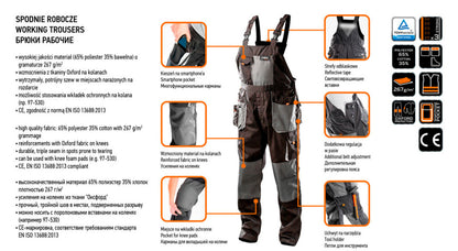 NEO TOOLS Kantáros Munkásnadrág, HD, L/52 65% poliészter, 35% pamut, 267g/m2, térdprotektor zseb, fényvisszaverő, L 81-240-L