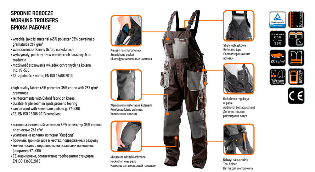 NEO TOOLS Kantáros Munkásnadrág, HD, XXL/58 65% poliészter, 35% pamut, 267g/m2, térdprotektor zseb, fényvisszaverő, XXL 81-240-XXL