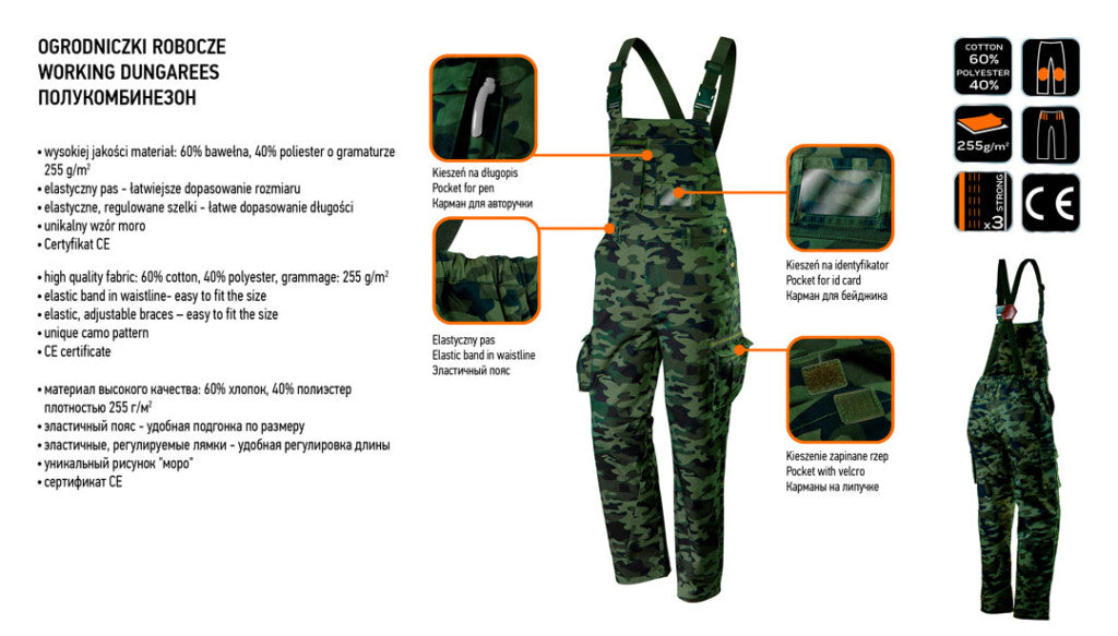 NEO TOOLS Kantáros, terepmintás Munkásnadrág, CAMO, 60% pamut, 40% polyester, 255 g/m2, XS 81-241-XS