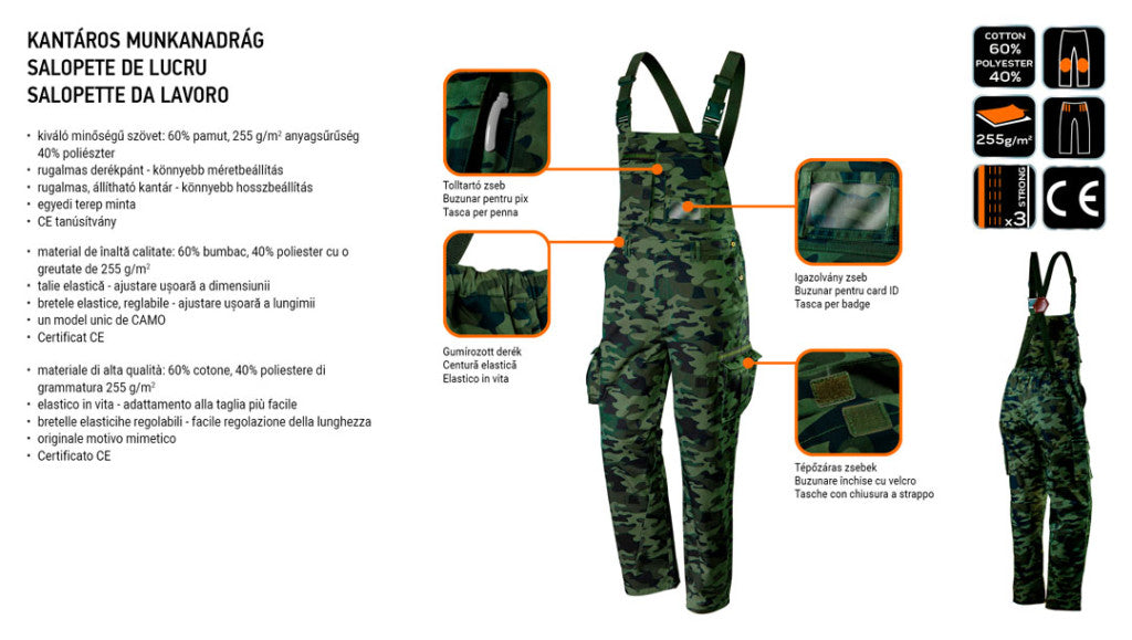 NEO TOOLS Kantáros, terepmintás Munkásnadrág, CAMO, 60% pamut, 40% polyester, 255 g/m2, XS 81-241-XS