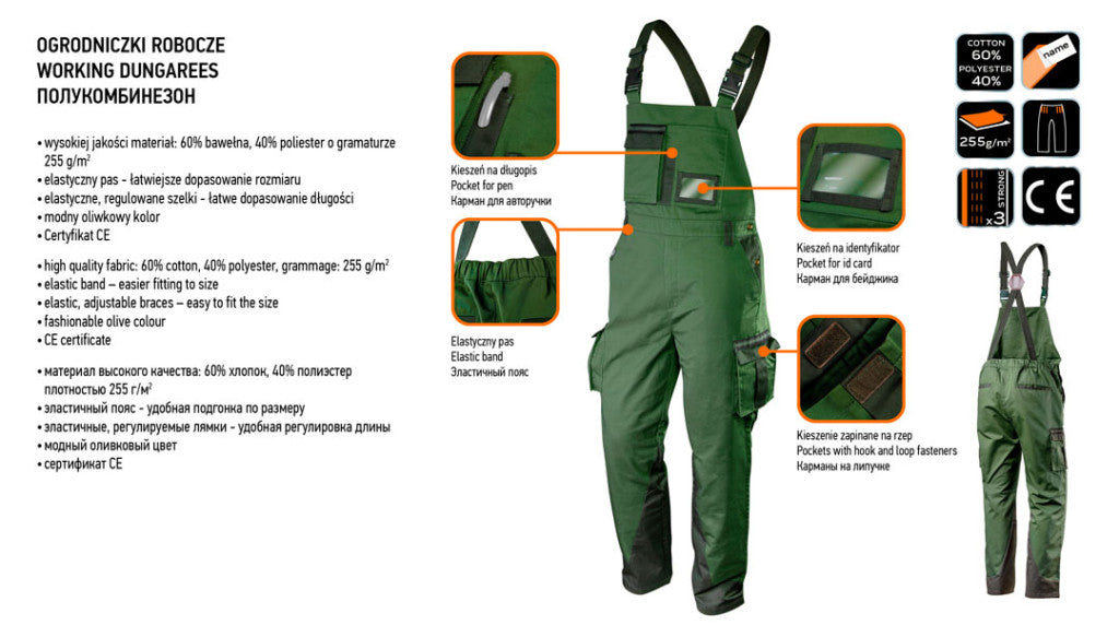 NEO TOOLS Kantáros munkanadrág olíva, 60% pamut, 40% polyester, 255 g/m2, M 81-242-M
