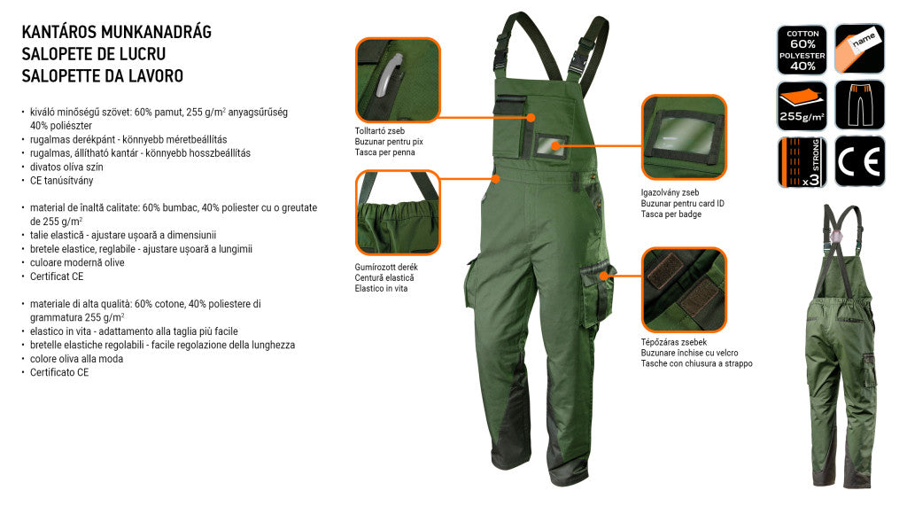 NEO TOOLS Kantáros munkanadrág olíva, 60% pamut, 40% polyester, 255 g/m2, M 81-242-M