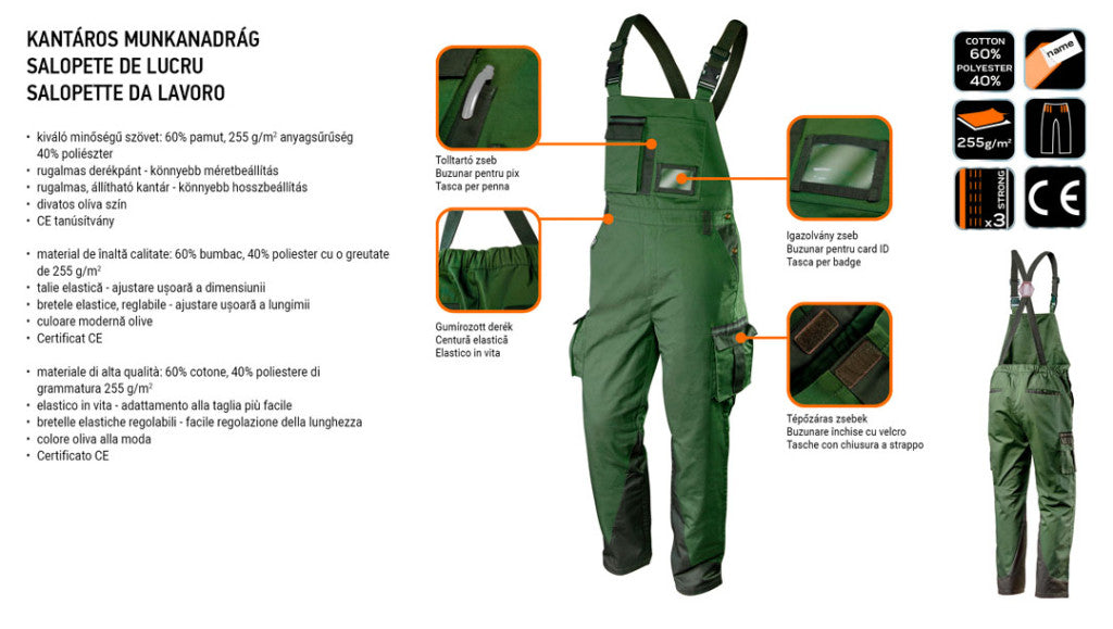 NEO TOOLS Kantáros munkanadrág olíva, 60% pamut, 40% polyester, 255 g/m2,xS 81-242-XS