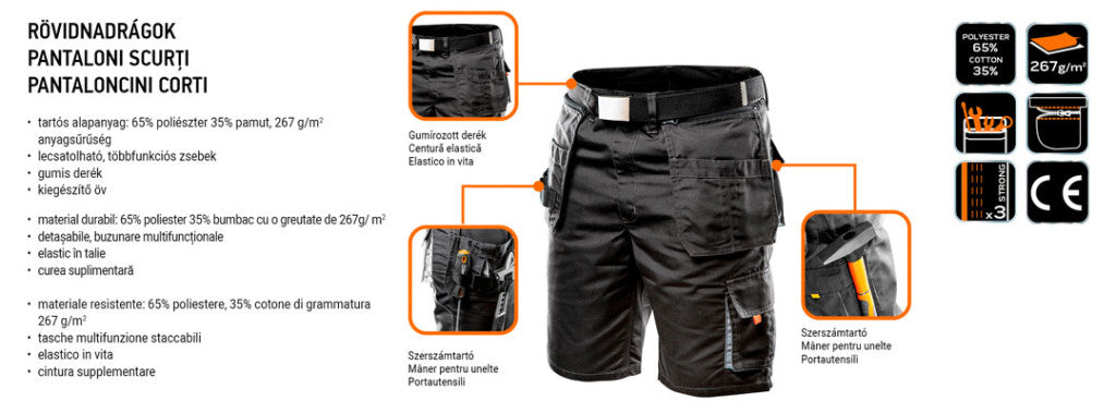 NEO TOOLS Rövid munkásnadrág, HD, Heveder övvel, levehető zsebek, XL/56 81-270-XL
