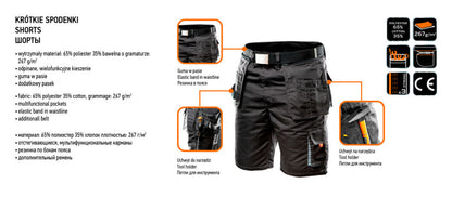 NEO TOOLS Rövid munkásnadrág, HD, Heveder övvel, levehető zsebek, XXL/58 81-270-XXL