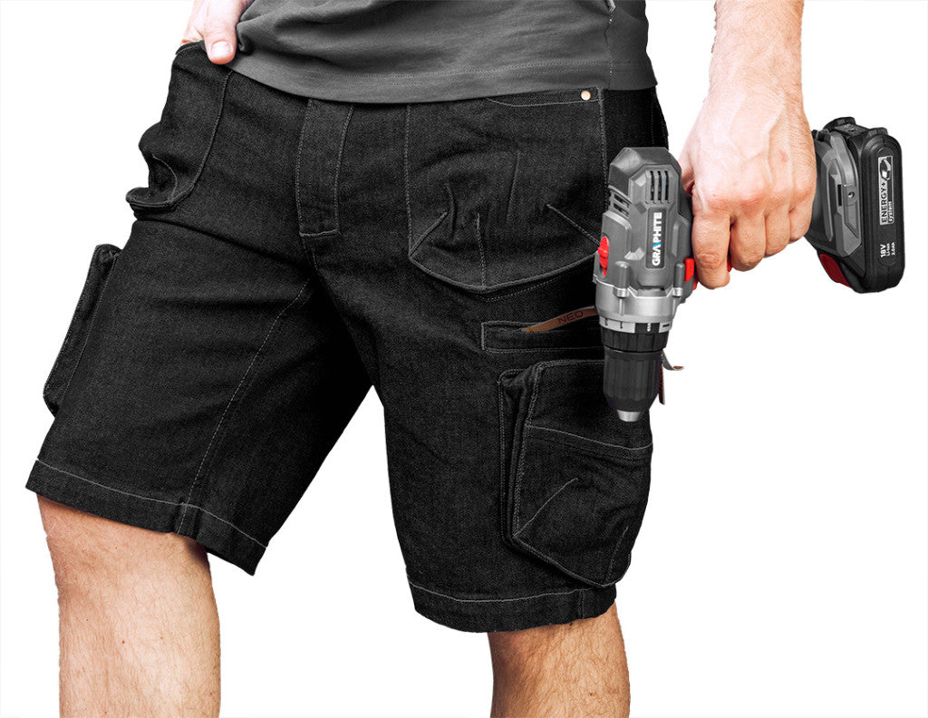 NEO TOOLS Farmer Rövid munkásnadrág, DENIM, fekete, cipzáros oldalzsebekkel, 98% pamut, 410g/m2, XL 81-273-XL