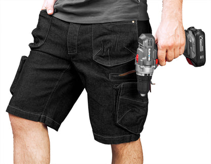 NEO TOOLS Farmer Rövid munkásnadrág, DENIM, fekete, cipzáros oldalzsebekkel, 98% pamut, 410g/m2, XL 81-273-XL