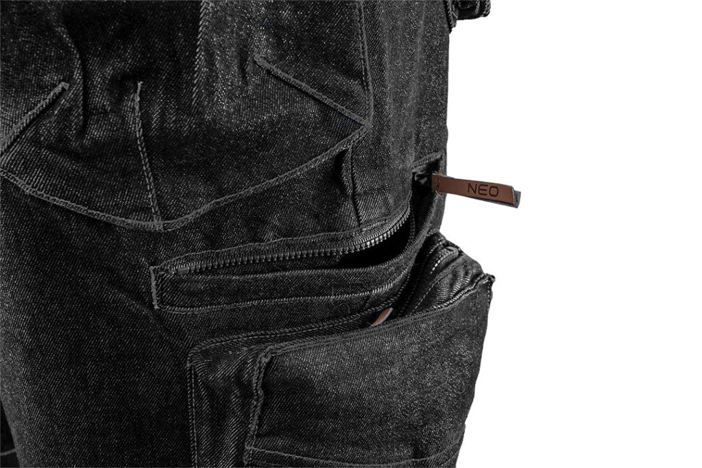 NEO TOOLS Farmer Rövid munkásnadrág, DENIM, fekete, cipzáros oldalzsebekkel, 98% pamut, 410g/m2, XS 81-273-XS
