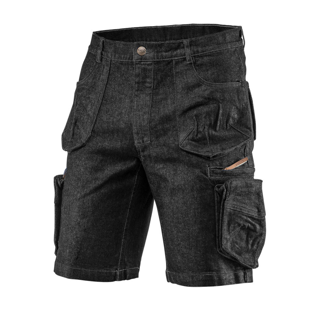 NEO TOOLS Farmer Rövid munkásnadrág, DENIM, fekete, cipzáros oldalzsebekkel, 98% pamut, 410g/m2, XXL 81-273-XXL