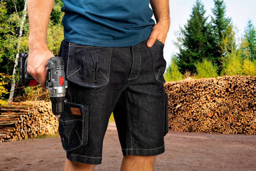 NEO TOOLS Farmer Rövid munkásnadrág, DENIM, cipzáros oldalzsebekkel, 98% pamut, 410g/m2, S 81-279-S