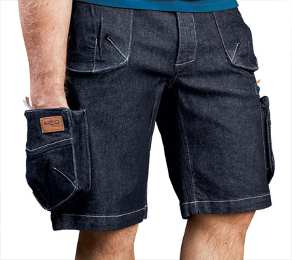 NEO TOOLS Farmer Rövid munkásnadrág, DENIM, cipzáros oldalzsebekkel, 98% pamut, 410g/m2, XXXL 81-279-XXXL