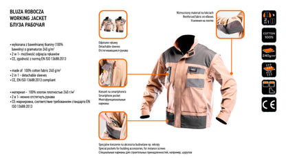 NEO TOOLS Munkadzseki 2 az 1-ben, S/48 100% pamut, 180g/m2, lezippzározható újjak,  81-310-S