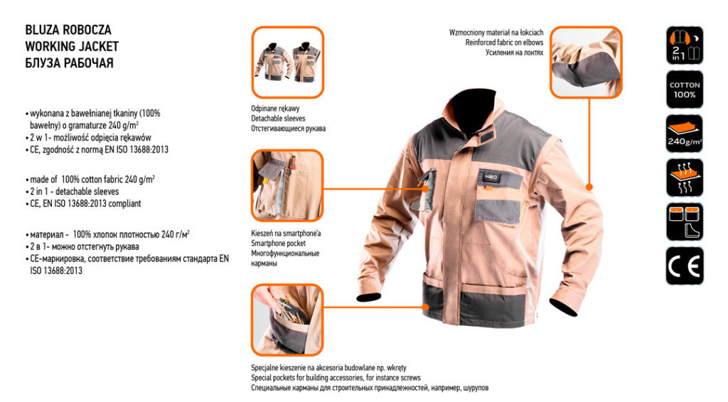 NEO TOOLS Munkadzseki 2 az 1-ben, XXL/58 100% pamut, 180g/m2, lezippzározható ujjak  81-310-XXL