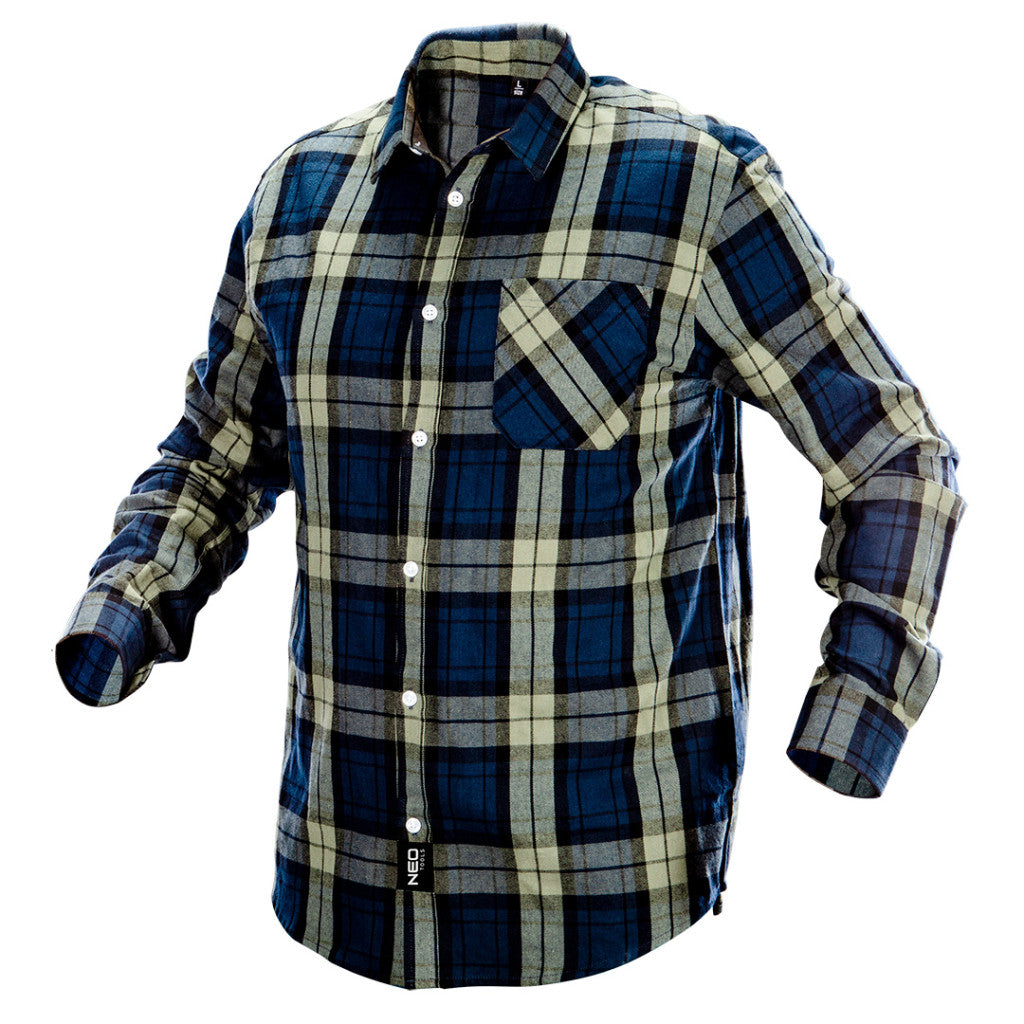 NEO TOOLS Flanel munkaing, kék-oliva-fekete, 100% pamut, L 81-541-L