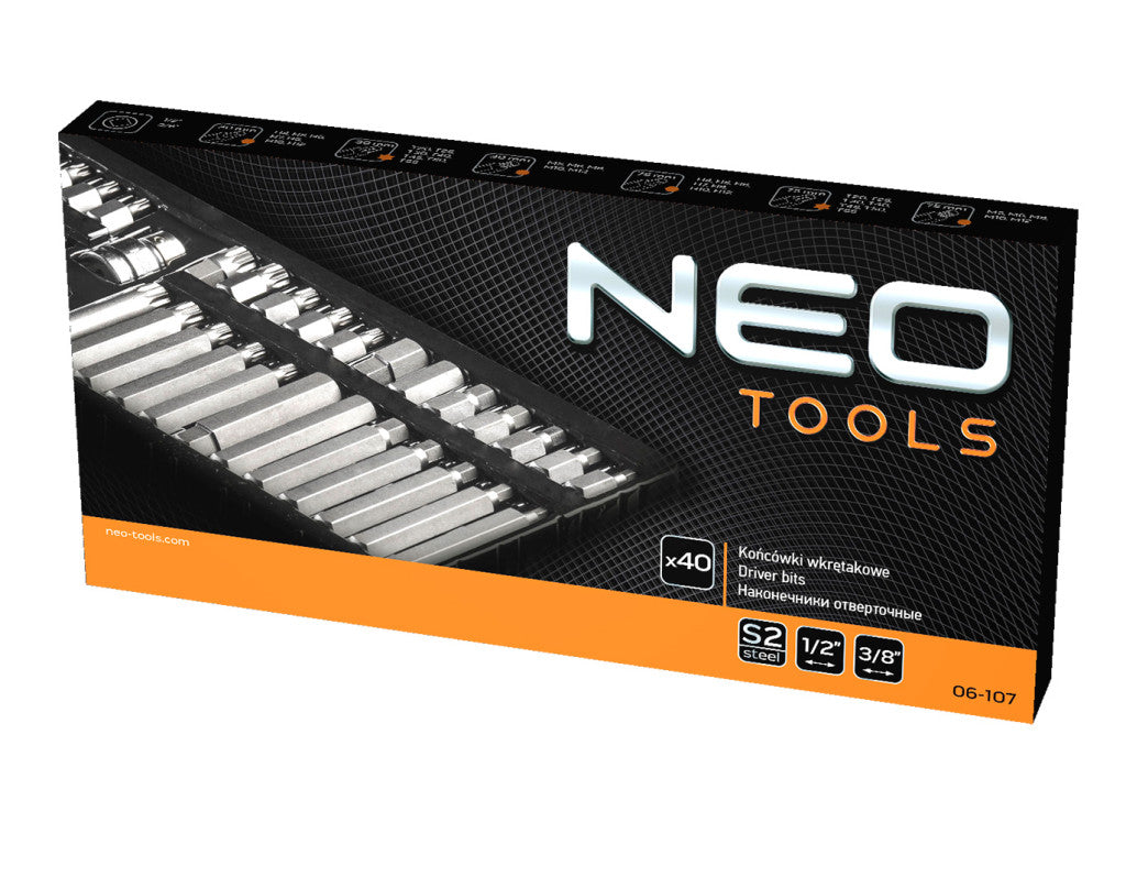 NEO TOOLS Csavarhúzó bitkészlet, hajtószárral 40db 25 év garanciával 06-107
