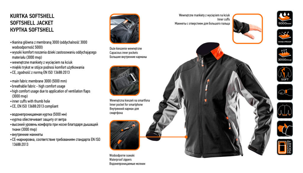 NEO TOOLS Softshell Munkavédelmi kabát, Víz- és szélálló, XXL/58 Vízálló (5000mm), szellőztető szelepek (3000mpv), XXL 81-550-XXL