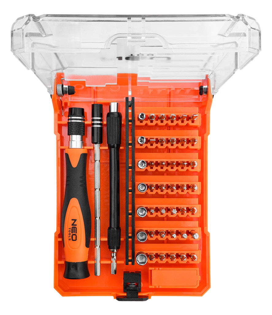 NEO TOOLS Műszerész, precíziós csavarhúzókészlet, bitekkel, nyéllel és hosszabbító szárakkal, 45db-os 06-111-1