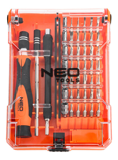 NEO TOOLS Műszerész, precíziós csavarhúzókészlet, bitekkel, nyéllel és hosszabbító szárakkal, 45db-os 06-111-1