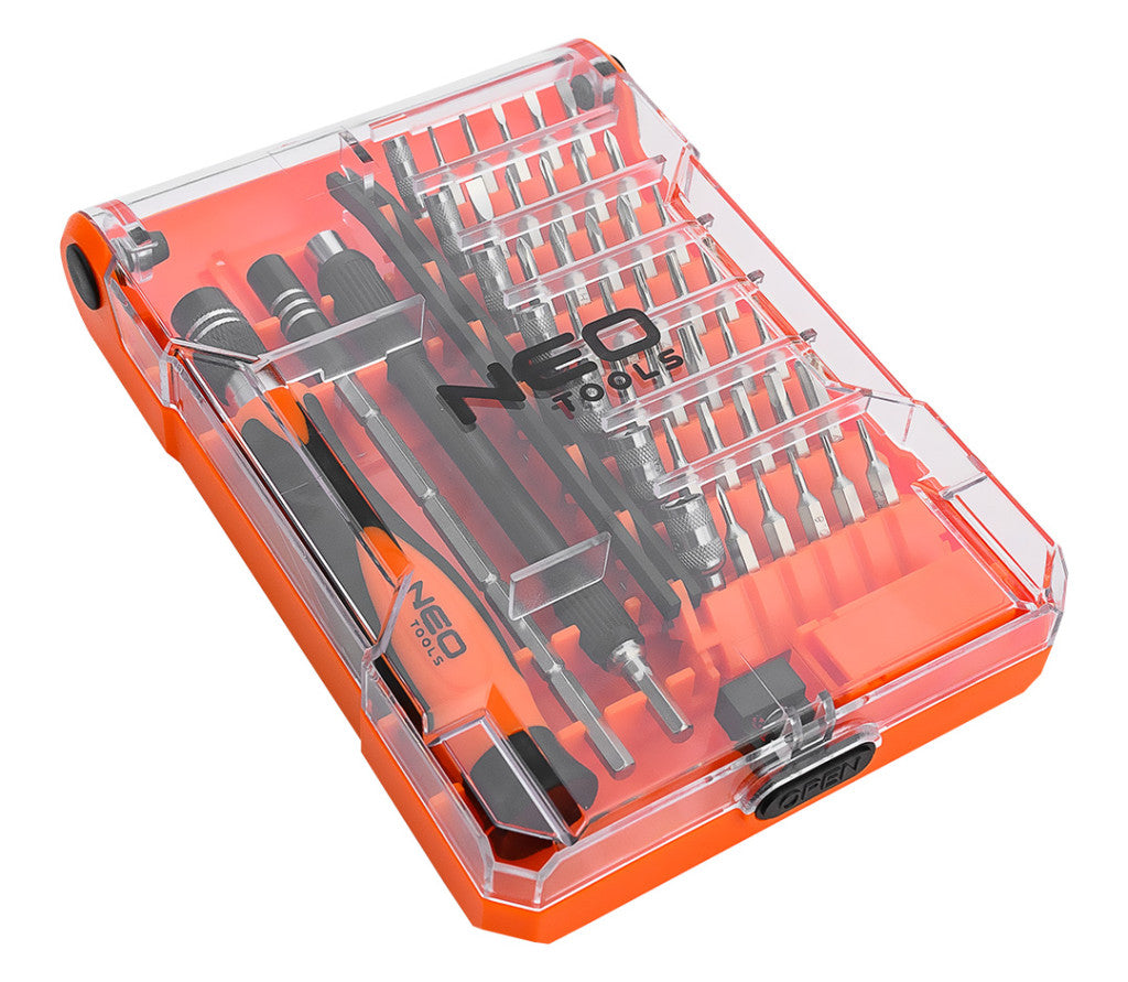 NEO TOOLS Műszerész, precíziós csavarhúzókészlet, bitekkel, nyéllel és hosszabbító szárakkal, 45db-os 06-111-1