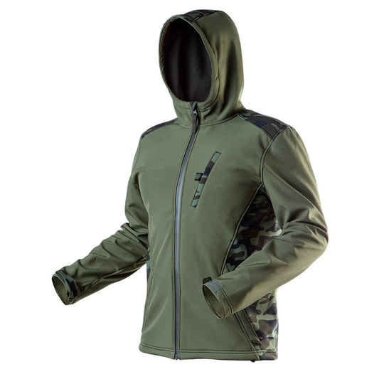 NEO TOOLS Terepmintás, softshell Munkavédelmi kabát, víz- és szélálló, kapucnis, CAMO, vízáll.:5000mm, légáter.:3000g/m2/24h, S 81-553-S