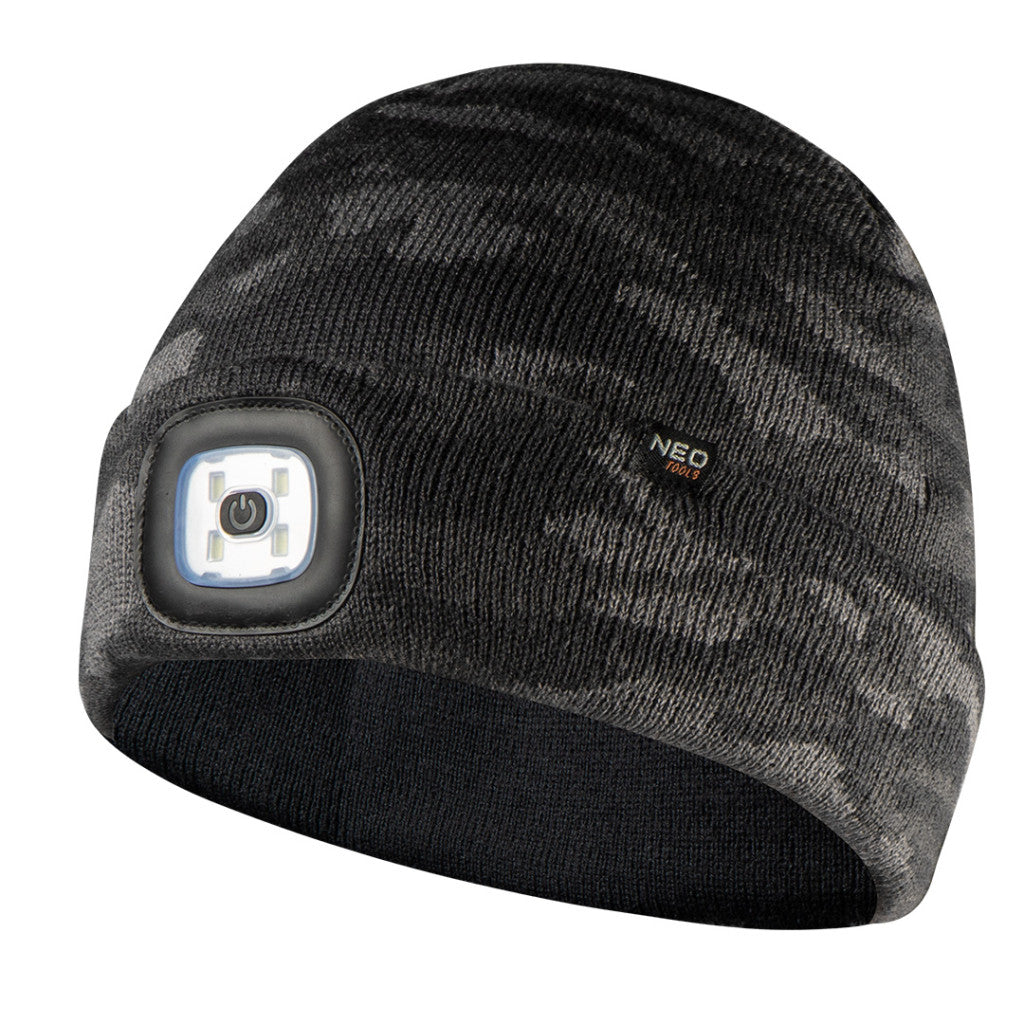 NEO TOOLS Kötött munkasapka, beépített led lámpával, kétrétegű, szürke terepmintás, CAMO 81-632