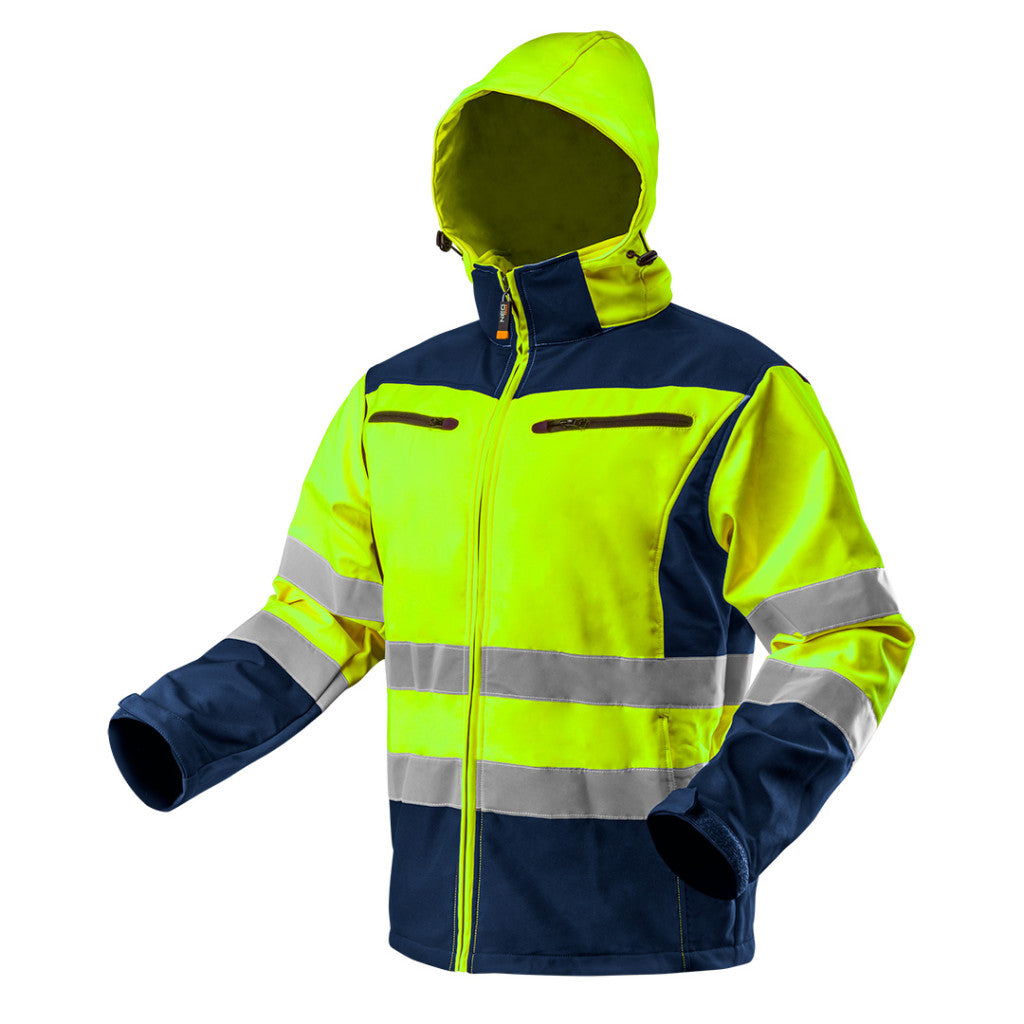 NEO TOOLS Láthatósági Softshell Munkavédelmi kabát, kapucnival, sárga, S 81-700-S