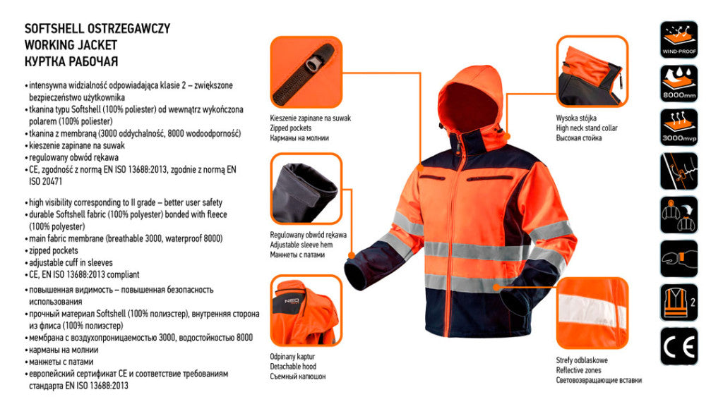 NEO TOOLS Láthatósági Softshell Munkavédelmi kabát, kapucnival, narancssárga, M 81-701-M