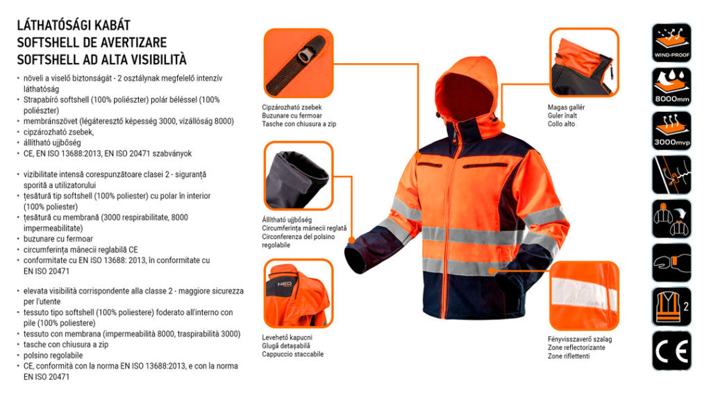 NEO TOOLS Láthatósági Softshell Munkavédelmi kabát, kapucnival, narancssárga, XXXL 81-701-XXXL
