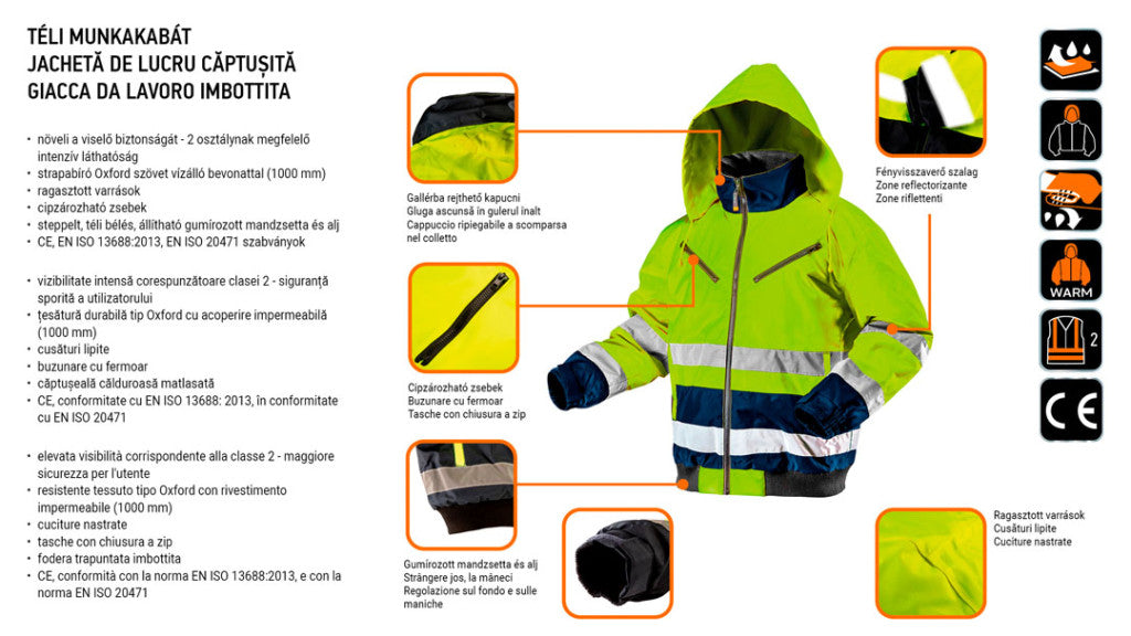 NEO TOOLS Láthatósági Munkavédelmi kabát, extrán szigetelt, sárga, L 81-710-L