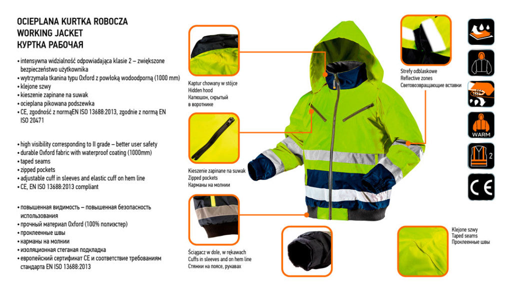 NEO TOOLS Láthatósági Munkavédelmi kabát, extrán szigetelt, sárga, XL 81-710-XL