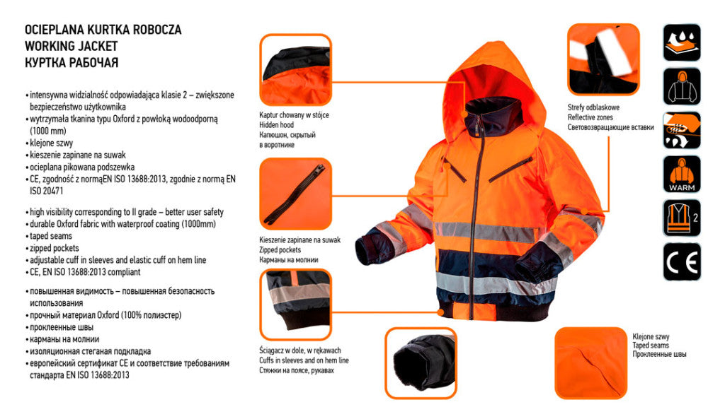 NEO TOOLS Láthatósági Munkavédelmi kabát, extrán szigetelt, narancssárga, M 81-711-M