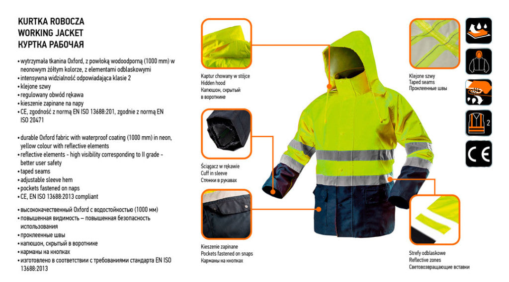 NEO TOOLS Láthatósági Munkavédelmi kabát, vízálló, sárga, L 81-720-L