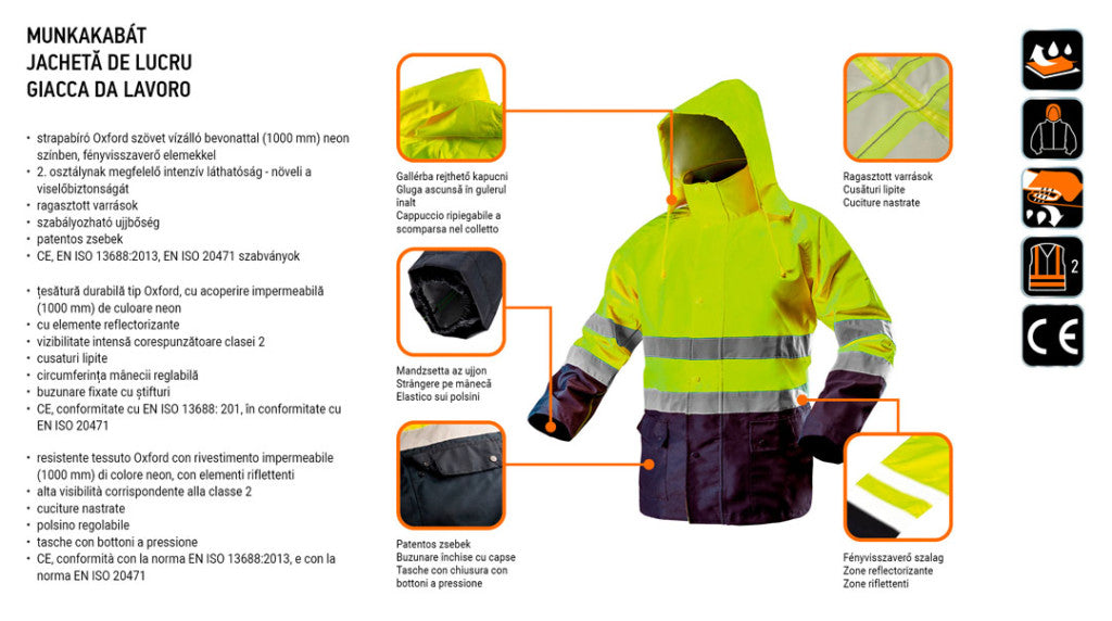 NEO TOOLS Láthatósági Munkavédelmi kabát, vízálló, sárga, M 81-720-M