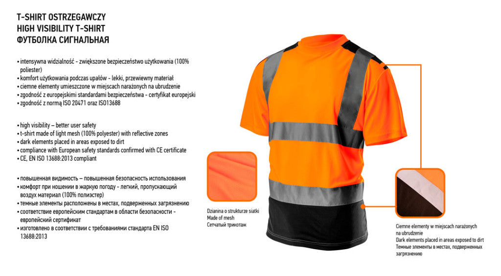 NEO TOOLS Láthatósági Munkavédelmi póló, narancssárga, sötét alsó résszel, M 81-731-M