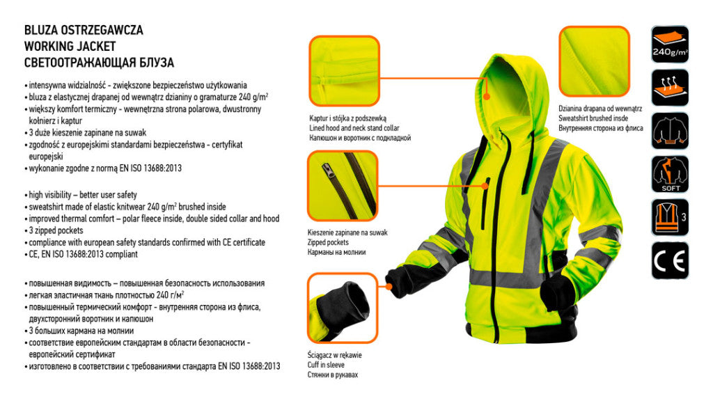 NEO TOOLS Láthatósági Munkavédelmi kabát, citromsárga, kapucnival, L 81-745-L