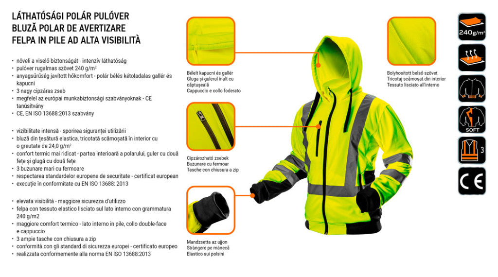 NEO TOOLS Láthatósági Munkavédelmi kabát, citromsárga, kapucnival, L 81-745-L