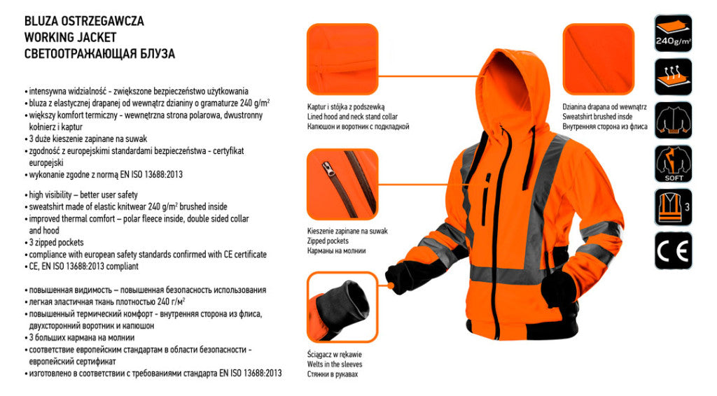 NEO TOOLS Láthatósági Munkavédelmi kabát, narancssárga, kapucnival, XL 81-746-XL