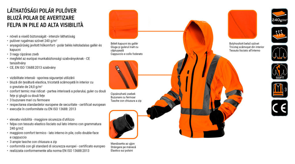 NEO TOOLS Láthatósági Munkavédelmi kabát, narancssárga, kapucnival, XXL 81-746-XXL