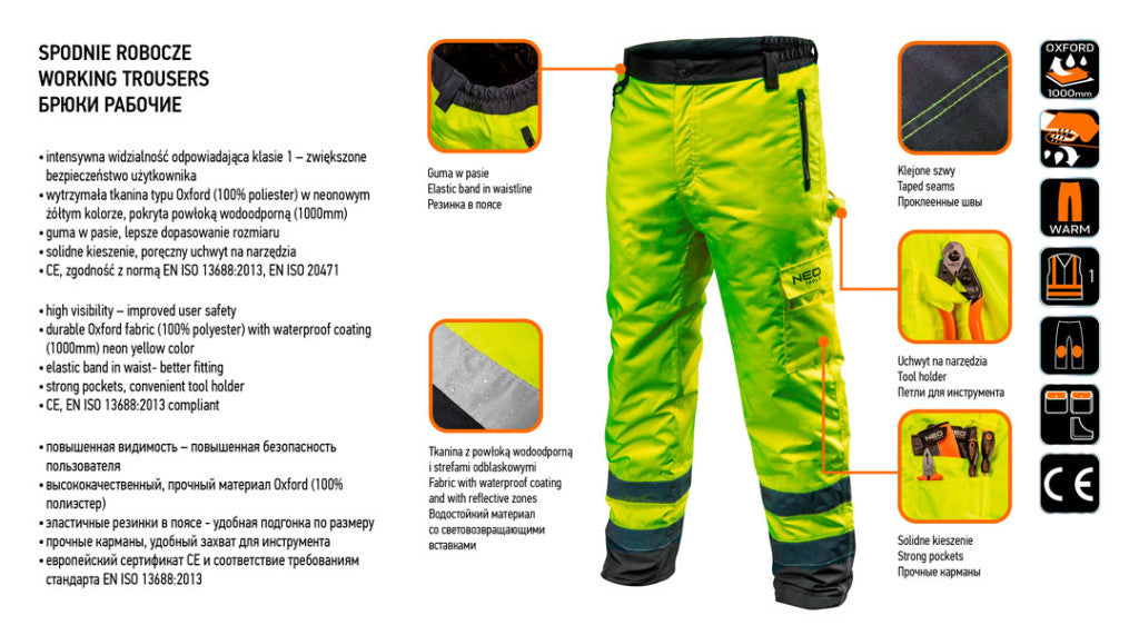 NEO TOOLS Láthatósági Softshell Munkásnadrág, citromsárga, M 81-760-M