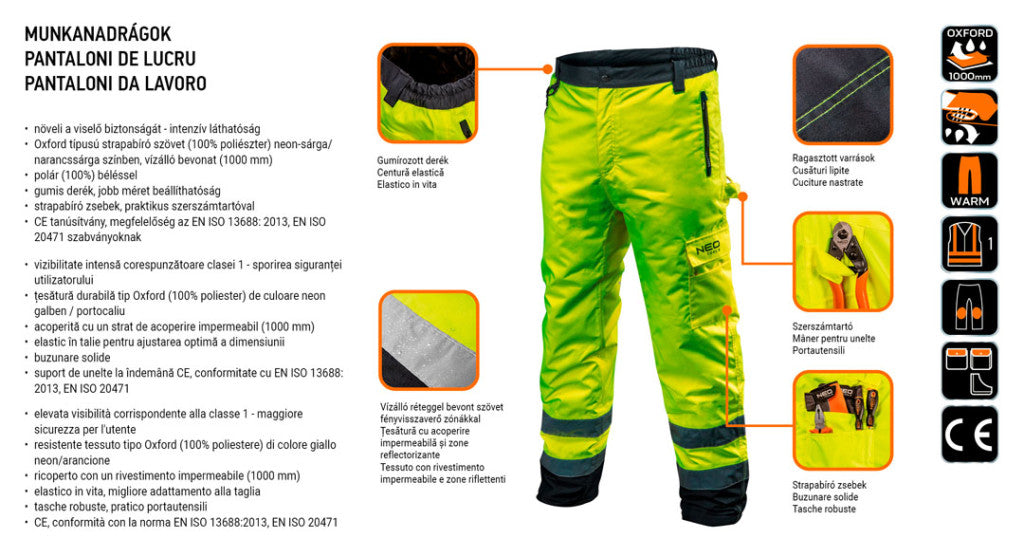 NEO TOOLS Láthatósági Softshell Munkásnadrág, citromsárga, XXXL 81-760-XXXL