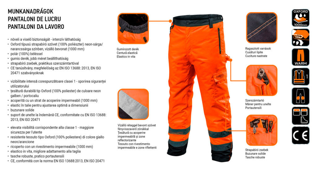 NEO TOOLS Láthatósági munkanadrág, extrán szigetelt, narancssárga, XXXL 81-761-XXXL