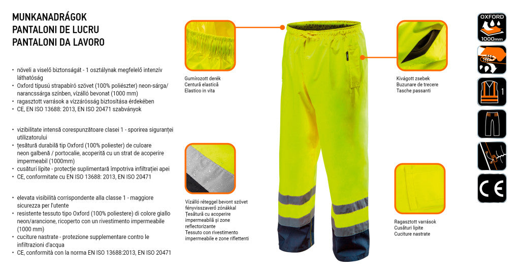 NEO TOOLS Láthatósági munkanadrág, vízálló, sárga, S 81-770-S