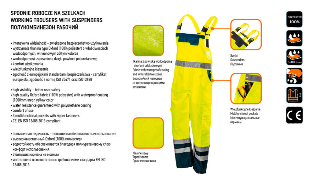NEO TOOLS Láthatósági kantáros munkanadrág, sárga, M 81-775-M