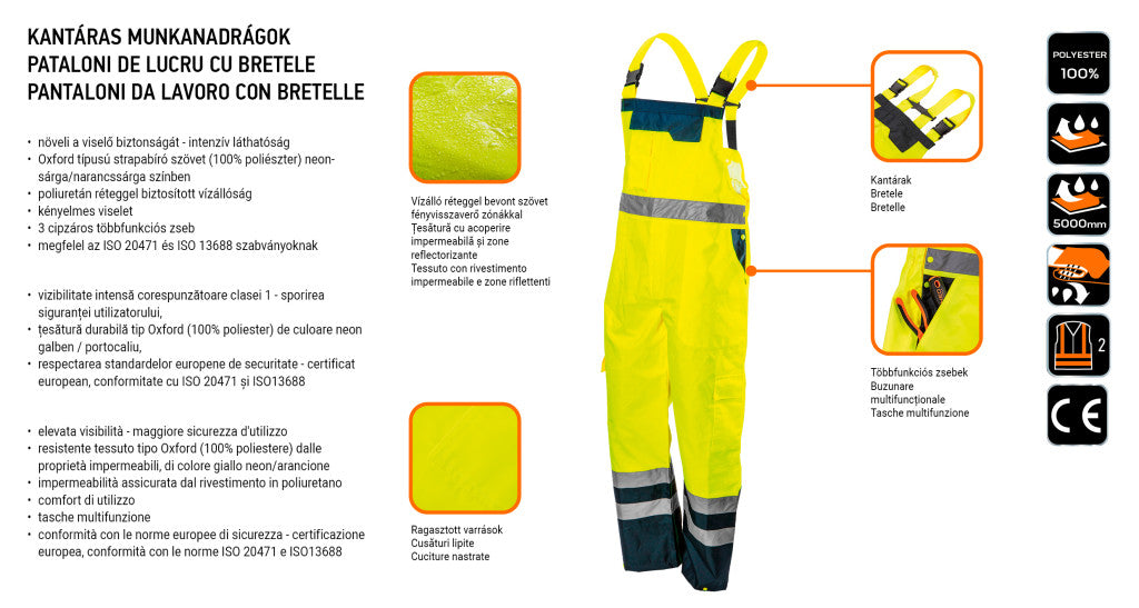 NEO TOOLS Láthatósági kantáros munkanadrág, sárga, S 81-775-S