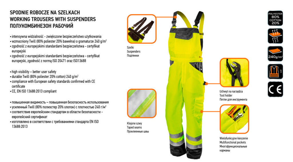 NEO TOOLS Láthatósági kantáros munkanadrág, lélegző, 240gsm, Polyester+pamut, sárga, S 81-777-S