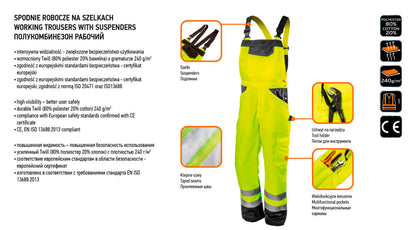 NEO TOOLS Láthatósági kantáros munkanadrág, lélegző, 240gsm, Polyester+pamut, sárga, S 81-777-S