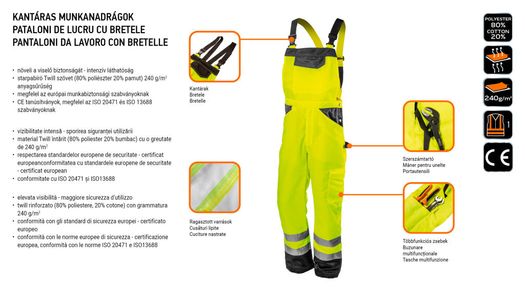 NEO TOOLS Láthatósági kantáros munkanadrág, lélegző, 240gsm, Polyester+pamut, sárga, S 81-777-S