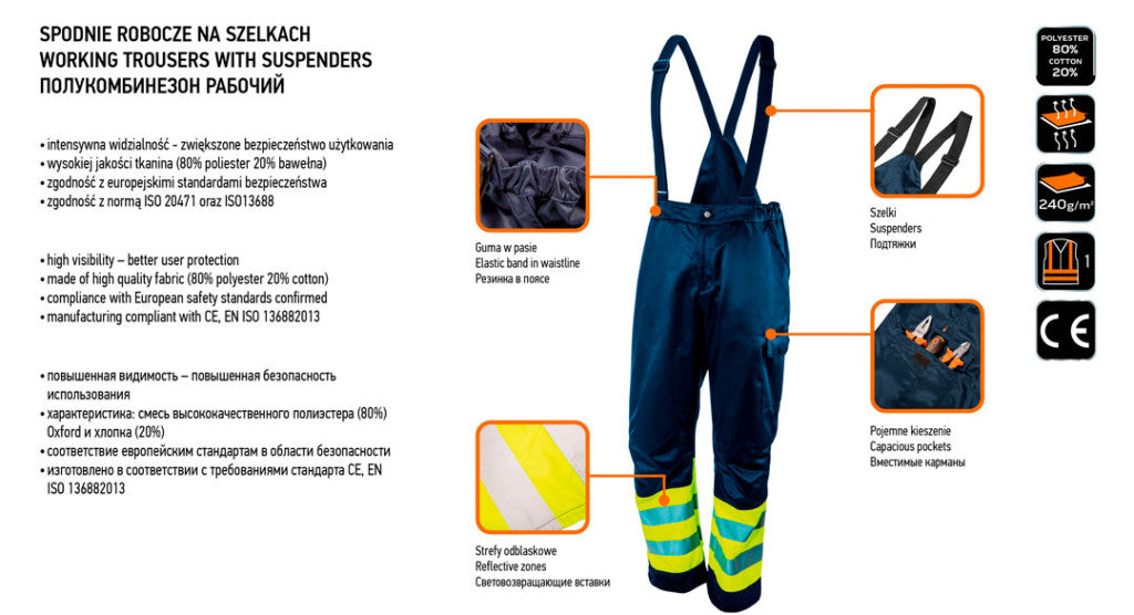 NEO TOOLS KANTÁROS MUNKANADRÁG, LÉLEGZŐ, 240GSM, POLYESTER+PAMUT, TENGERÉSZKÉK, FÉNYVISSZAVERŐ CSÍKOKKAL, S 81-779-S