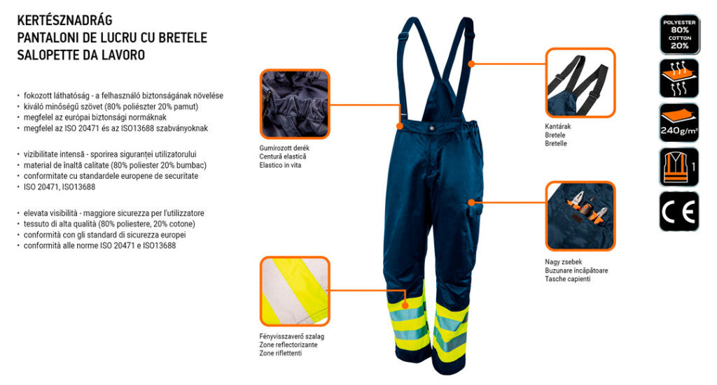 NEO TOOLS KANTÁROS MUNKANADRÁG, LÉLEGZŐ, 240GSM, POLYESTER+PAMUT, TENGERÉSZKÉK, FÉNYVISSZAVERŐ CSÍKOKKAL, S 81-779-S